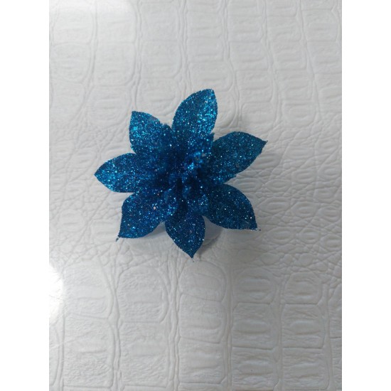 Новогодние украшения с блестками 6 см "Пуансетия",цв синий, цена за 1 шт